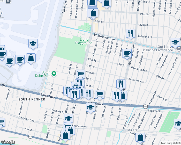 map of restaurants, bars, coffee shops, grocery stores, and more near 4 14th Street in Kenner