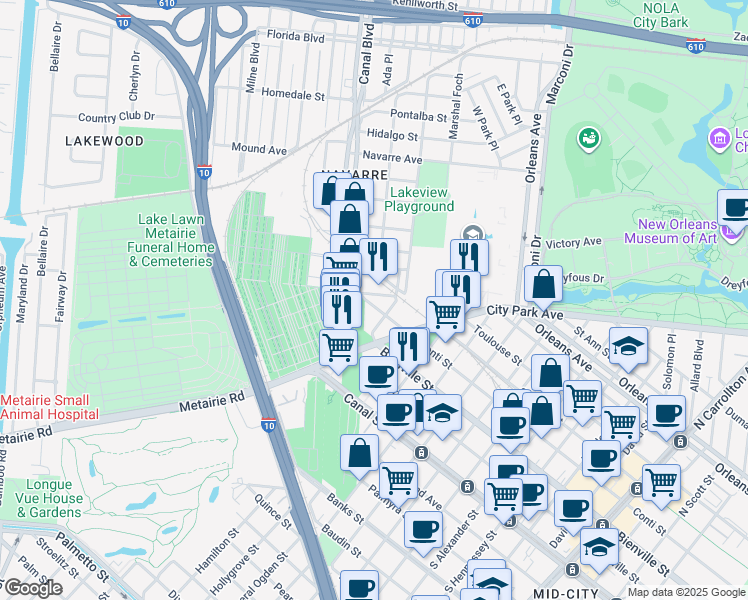 map of restaurants, bars, coffee shops, grocery stores, and more near 5201 Canal Boulevard in New Orleans