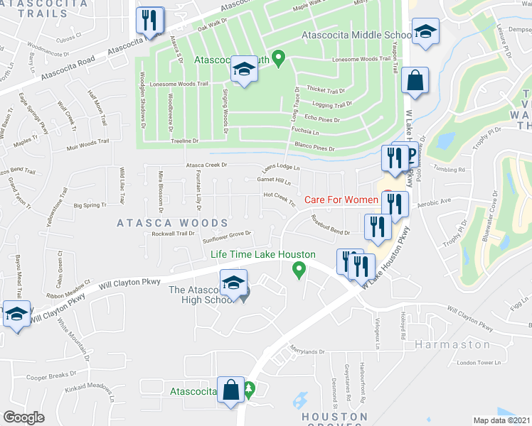 map of restaurants, bars, coffee shops, grocery stores, and more near 7010 Leens Lodge Lane in Humble