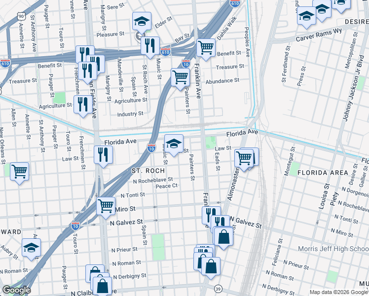 map of restaurants, bars, coffee shops, grocery stores, and more near 2631 Arts Street in New Orleans