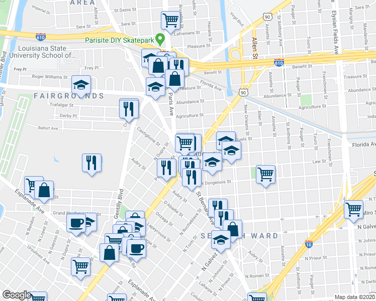 map of restaurants, bars, coffee shops, grocery stores, and more near 1617 Duels Street in New Orleans