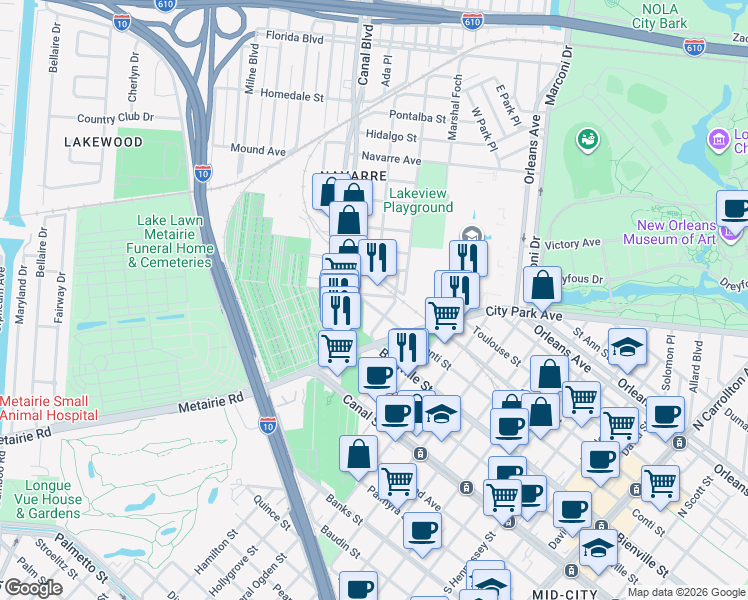 map of restaurants, bars, coffee shops, grocery stores, and more near 5201 Canal Boulevard in New Orleans