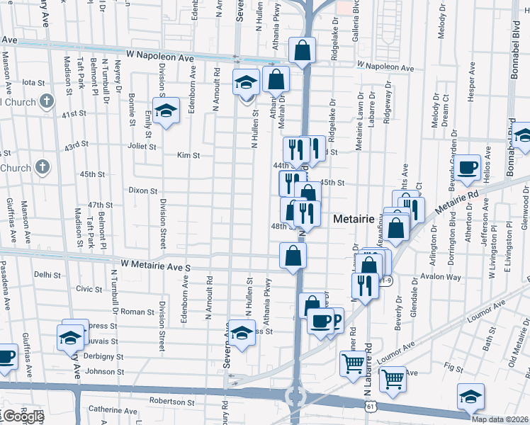 map of restaurants, bars, coffee shops, grocery stores, and more near 3232 46th Street in Metairie