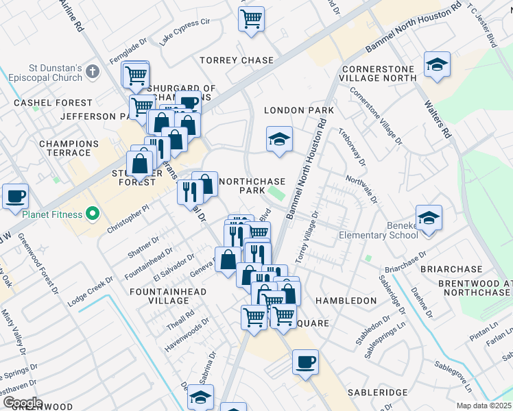 map of restaurants, bars, coffee shops, grocery stores, and more near 14346 Torrey Chase Boulevard in Houston