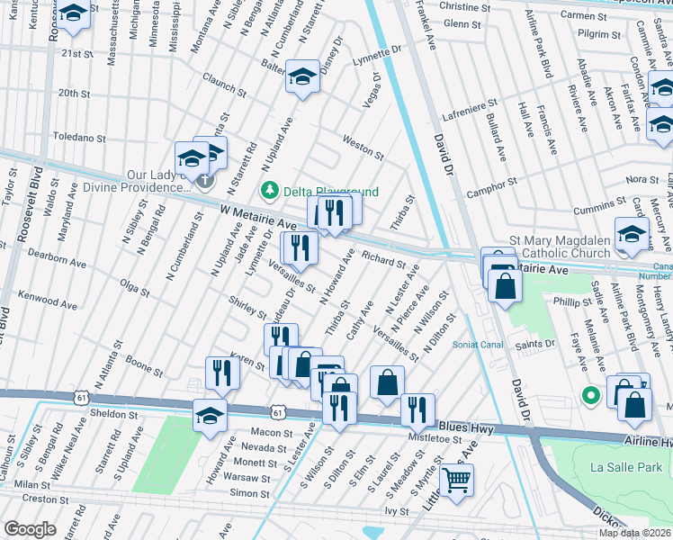 map of restaurants, bars, coffee shops, grocery stores, and more near 8014 Cortez Street in Metairie