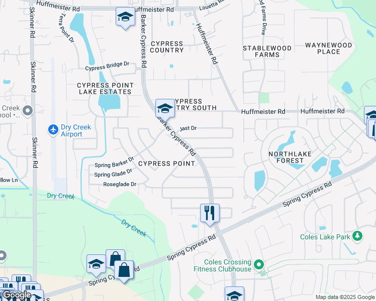 map of restaurants, bars, coffee shops, grocery stores, and more near 16311 Indian Cypress Drive in Cypress