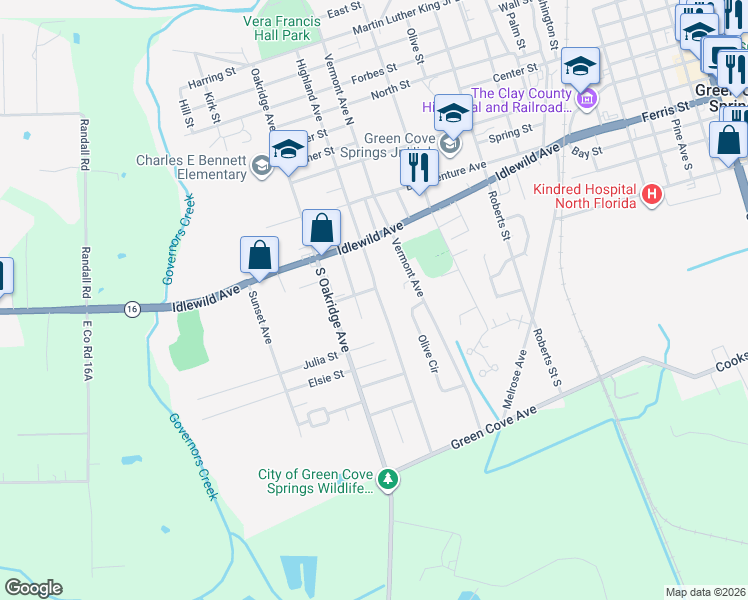map of restaurants, bars, coffee shops, grocery stores, and more near 315 Vermont Avenue in Green Cove Springs