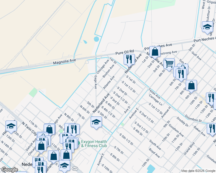 map of restaurants, bars, coffee shops, grocery stores, and more near 220 Atlanta Avenue in Nederland