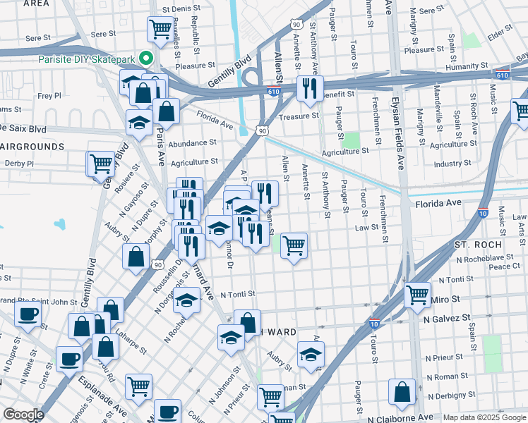 map of restaurants, bars, coffee shops, grocery stores, and more near 1959 Hope Street in New Orleans