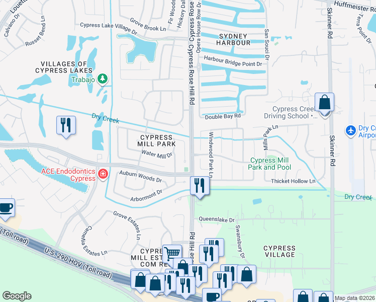 map of restaurants, bars, coffee shops, grocery stores, and more near 14719 Plains River Drive in Cypress