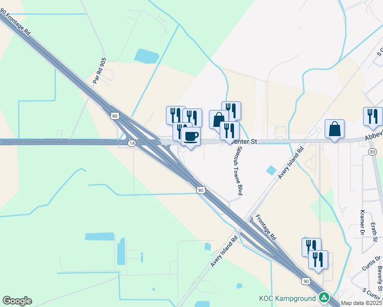 map of restaurants, bars, coffee shops, grocery stores, and more near 2785 Louisiana 14 in New Iberia