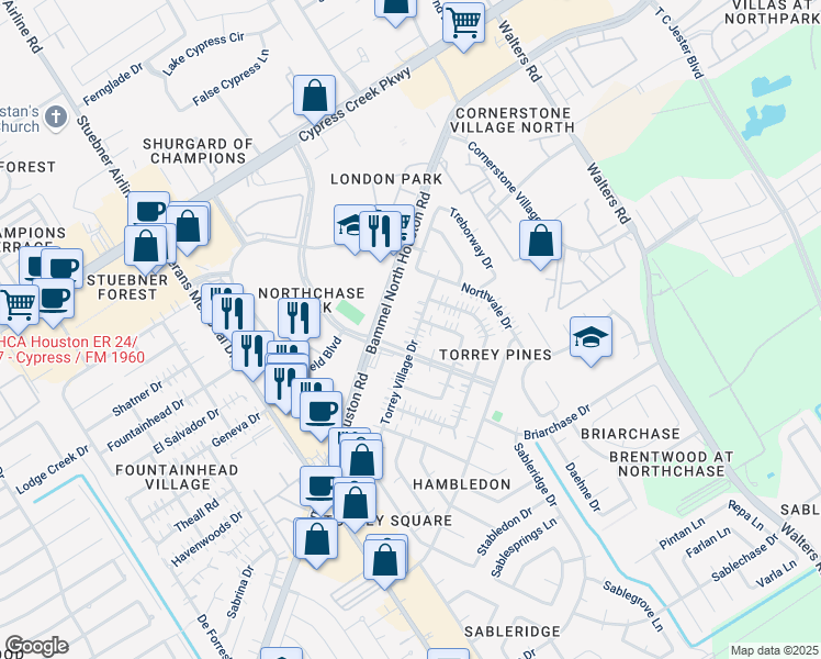 map of restaurants, bars, coffee shops, grocery stores, and more near 14403 Torrey Village Drive in Houston