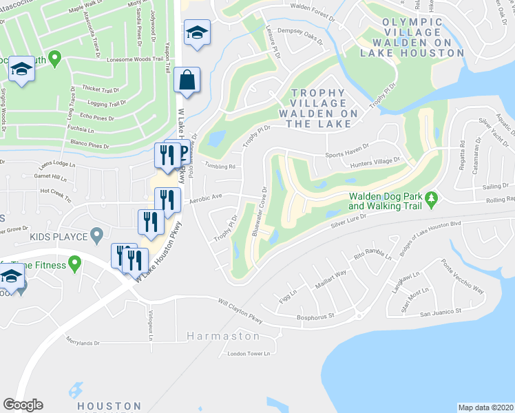 map of restaurants, bars, coffee shops, grocery stores, and more near 18411 Bluewater Cove Drive in Humble