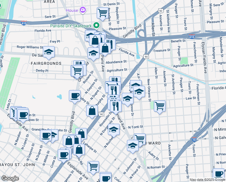 map of restaurants, bars, coffee shops, grocery stores, and more near 1617 Duels Street in New Orleans
