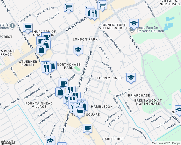map of restaurants, bars, coffee shops, grocery stores, and more near 14403 Torrey Village Drive in Houston