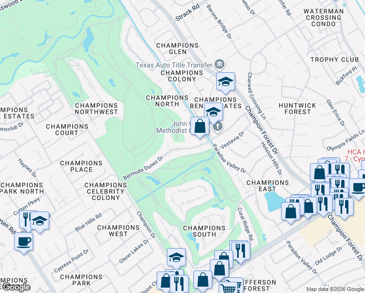 map of restaurants, bars, coffee shops, grocery stores, and more near 6006 Bermuda Dunes Dr in Houston