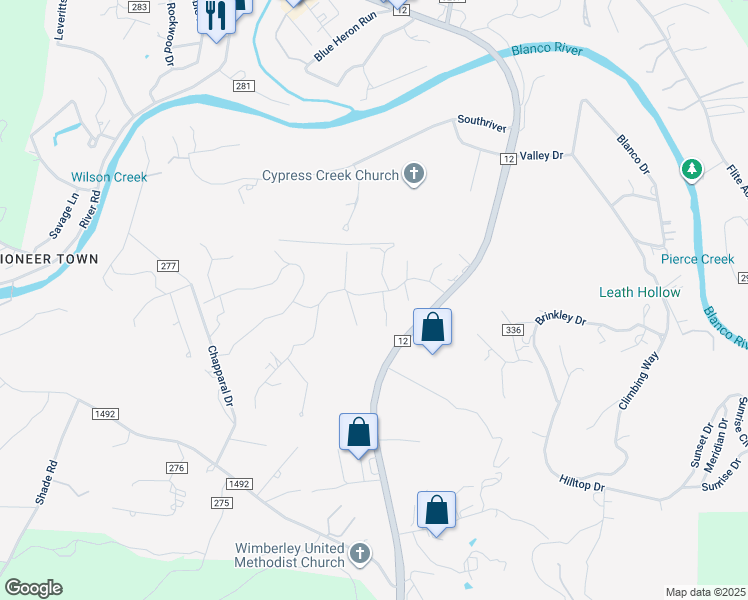map of restaurants, bars, coffee shops, grocery stores, and more near 301 Wimberley Hills Drive in Wimberley