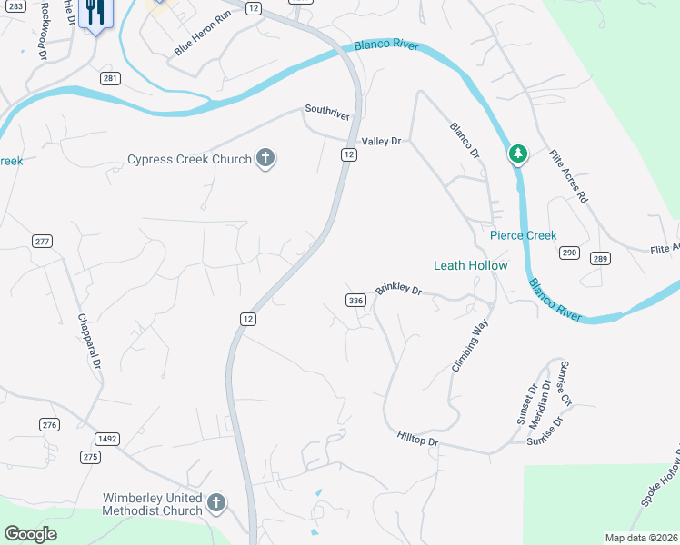 map of restaurants, bars, coffee shops, grocery stores, and more near 162 Belle Drive in Wimberley