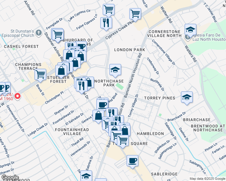 map of restaurants, bars, coffee shops, grocery stores, and more near 14346 Torrey Chase Boulevard in Houston