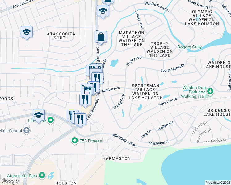 map of restaurants, bars, coffee shops, grocery stores, and more near 7614 Aerobic Avenue in Humble