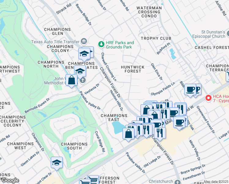 map of restaurants, bars, coffee shops, grocery stores, and more near 13330 Holston Hills Drive in Houston