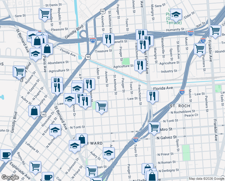 map of restaurants, bars, coffee shops, grocery stores, and more near 2716 Saint Anthony Street in New Orleans