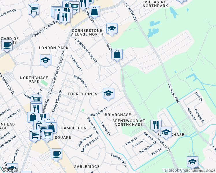 map of restaurants, bars, coffee shops, grocery stores, and more near 13906 Whispertrail Court in Houston