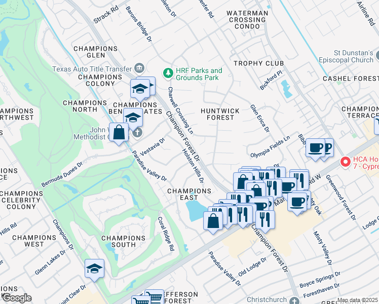 map of restaurants, bars, coffee shops, grocery stores, and more near 13330 Holston Hills Drive in Houston