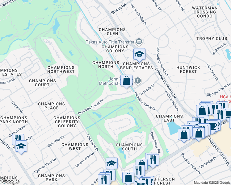 map of restaurants, bars, coffee shops, grocery stores, and more near 6006 Bermuda Dunes Drive in Houston
