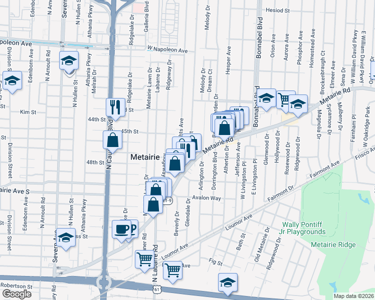 map of restaurants, bars, coffee shops, grocery stores, and more near 24 Metairie Court in Metairie