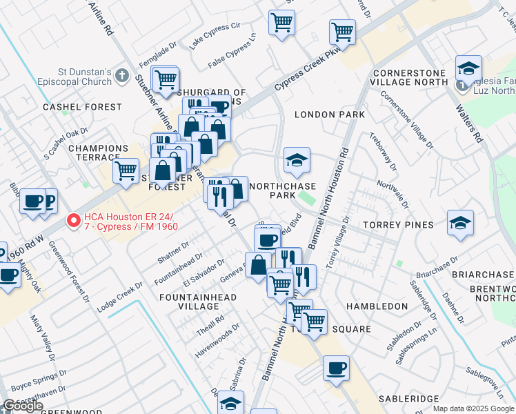 map of restaurants, bars, coffee shops, grocery stores, and more near 14420 Sylvanfield Drive in Houston