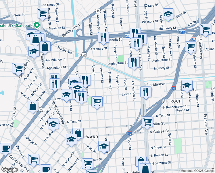 map of restaurants, bars, coffee shops, grocery stores, and more near 2716 Saint Anthony Street in New Orleans