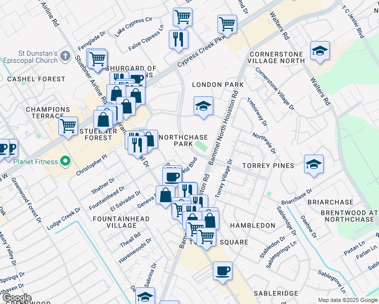 map of restaurants, bars, coffee shops, grocery stores, and more near 14346 Torrey Chase Boulevard in Houston