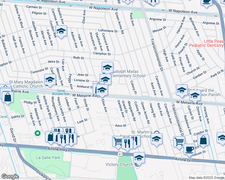 map of restaurants, bars, coffee shops, grocery stores, and more near 911 Elise Avenue in Metairie