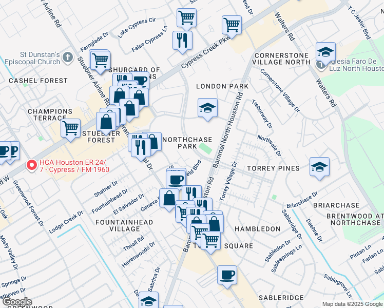 map of restaurants, bars, coffee shops, grocery stores, and more near 14346 Torrey Chase Boulevard in Houston