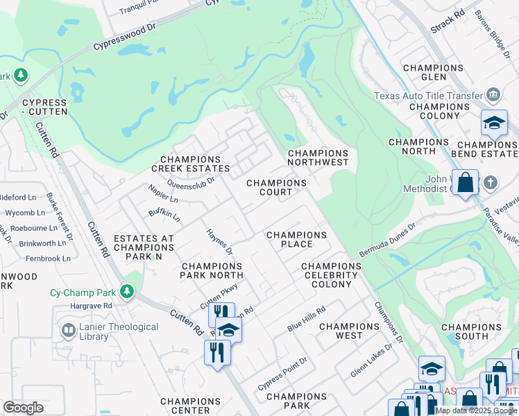 map of restaurants, bars, coffee shops, grocery stores, and more near 14141 Champions Drive in Houston