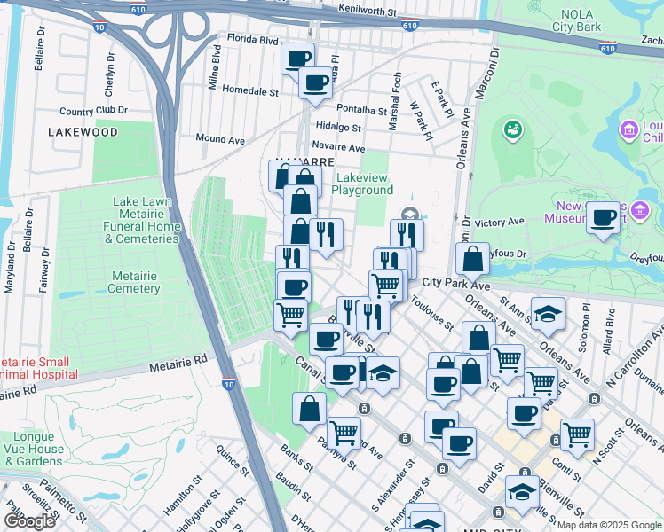 map of restaurants, bars, coffee shops, grocery stores, and more near 9 Virginia Court in New Orleans