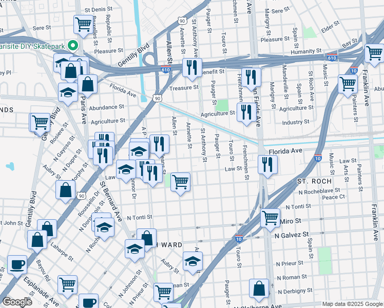 map of restaurants, bars, coffee shops, grocery stores, and more near 1928 Duels Street in New Orleans