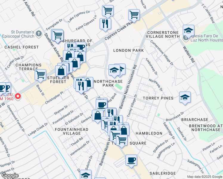map of restaurants, bars, coffee shops, grocery stores, and more near 14346 Torrey Chase Boulevard in Houston