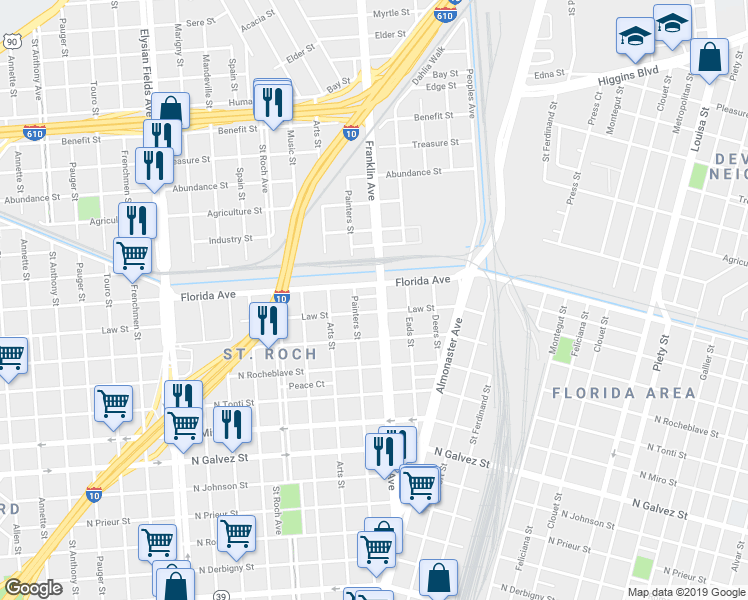 map of restaurants, bars, coffee shops, grocery stores, and more near 2716 Ideal Place in New Orleans
