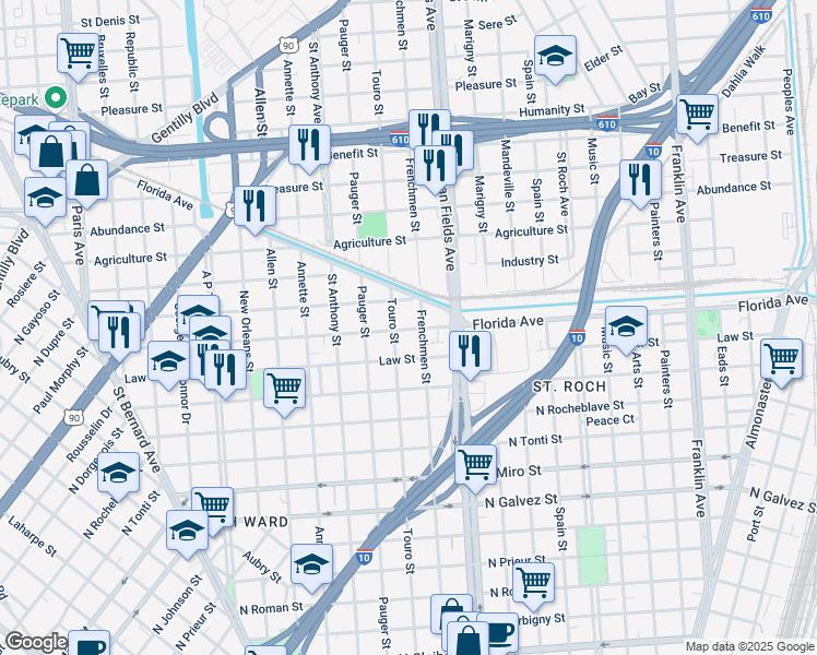 map of restaurants, bars, coffee shops, grocery stores, and more near 2153 Hope Street in New Orleans