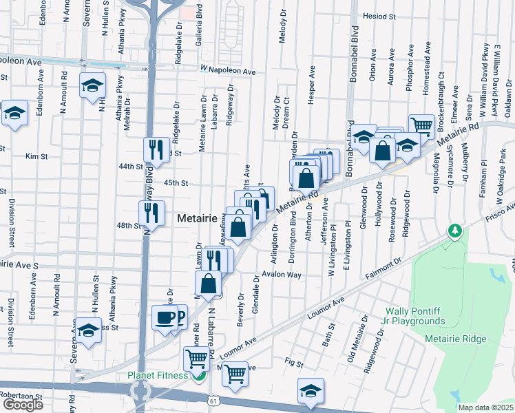 map of restaurants, bars, coffee shops, grocery stores, and more near 24 Metairie Court in Metairie