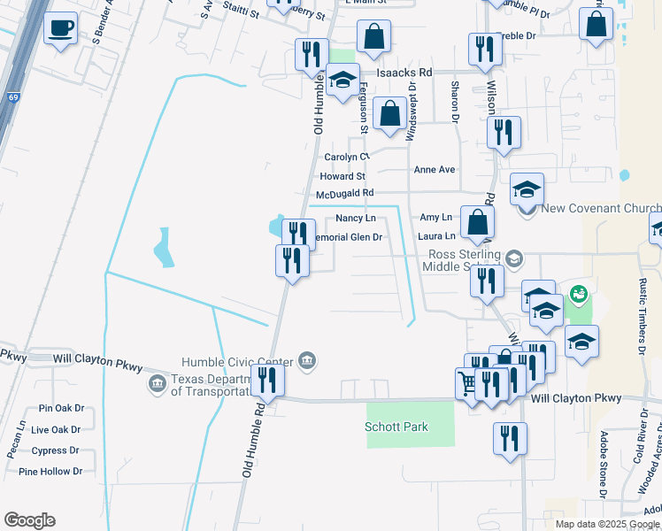 map of restaurants, bars, coffee shops, grocery stores, and more near 1302 Brenda Lane in Humble