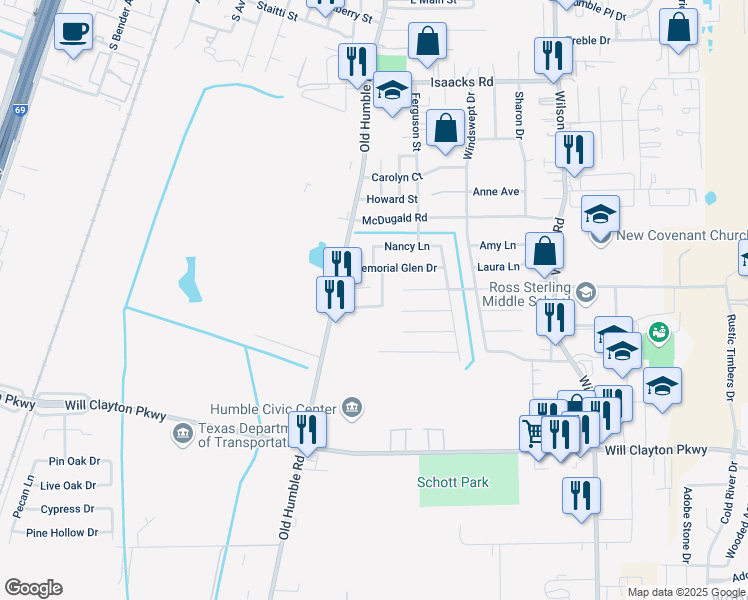 map of restaurants, bars, coffee shops, grocery stores, and more near 1302 Brenda Lane in Humble