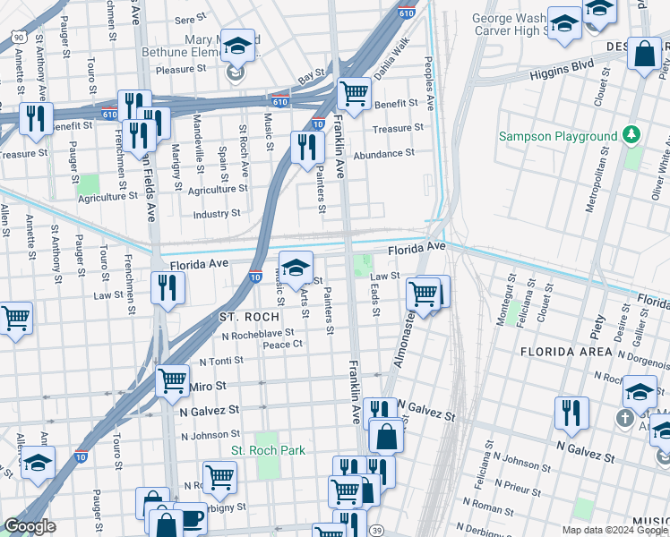 map of restaurants, bars, coffee shops, grocery stores, and more near 2716 Ideal Place in New Orleans