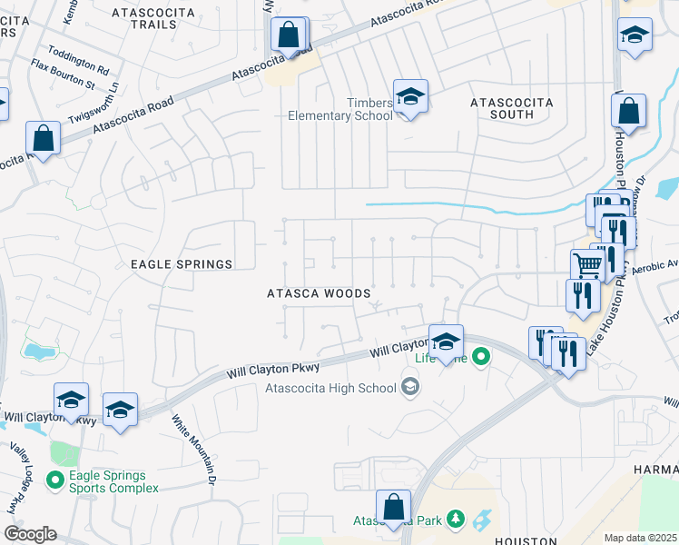 map of restaurants, bars, coffee shops, grocery stores, and more near 7006 Winter Blossom Drive in Humble