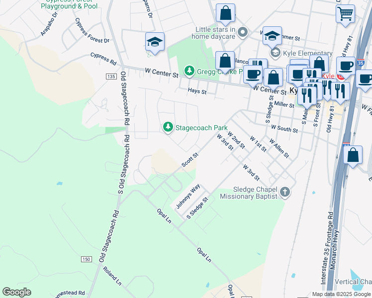 map of restaurants, bars, coffee shops, grocery stores, and more near 111 Conestoga Drive in Kyle