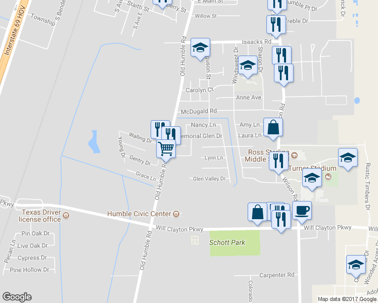 map of restaurants, bars, coffee shops, grocery stores, and more near 1302 Brenda Lane in Humble