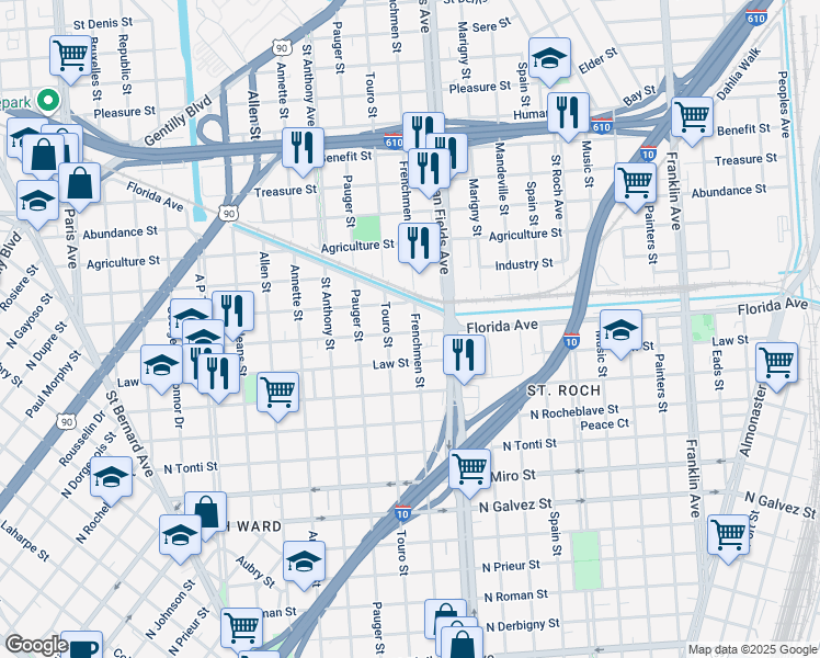 map of restaurants, bars, coffee shops, grocery stores, and more near 2153 Hope Street in New Orleans
