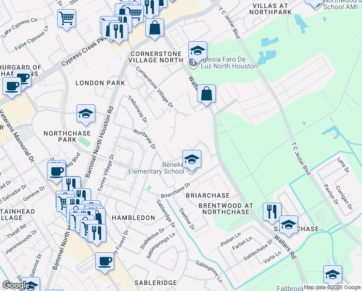 map of restaurants, bars, coffee shops, grocery stores, and more near 13922 Elmpark Court in Houston